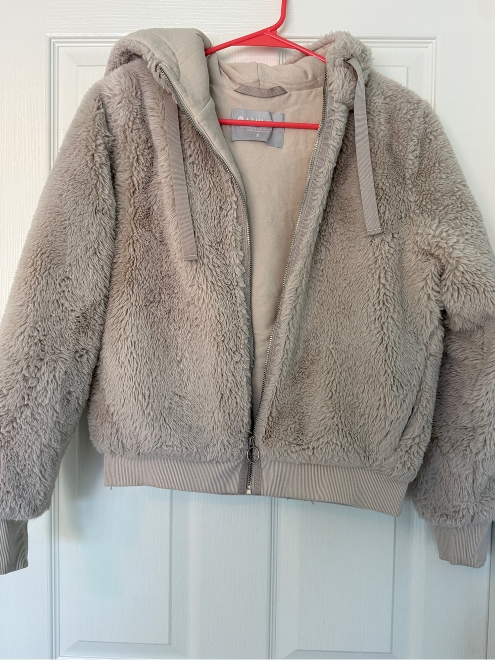 Athleta Plush Faux-Fur Hooded Zip Jacket in Light Taupe